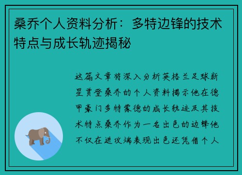 桑乔个人资料分析：多特边锋的技术特点与成长轨迹揭秘