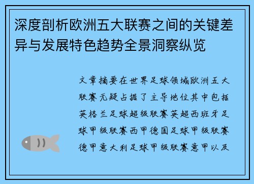 深度剖析欧洲五大联赛之间的关键差异与发展特色趋势全景洞察纵览
